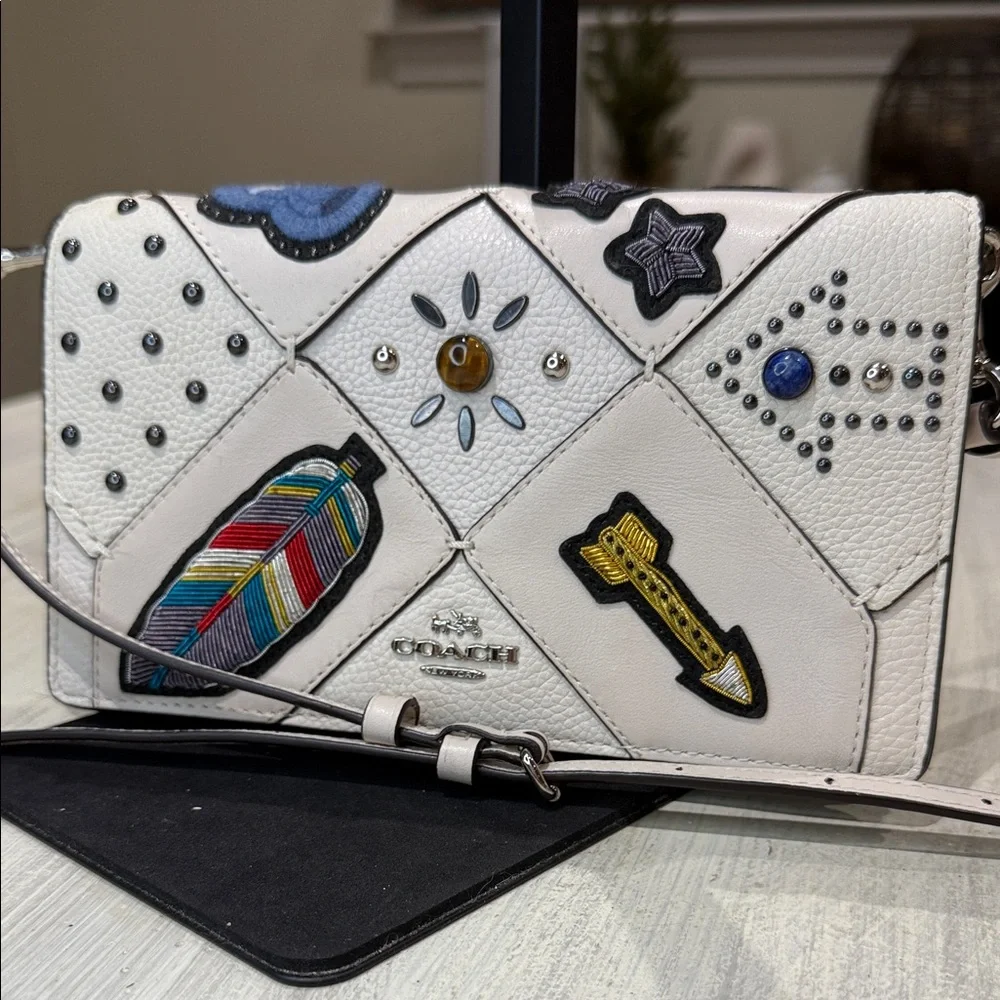 Coach Canyon Quilt White Crossbody Bag with Embellishments-EUC